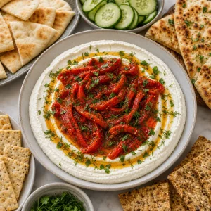 Finished whipped feta dip served with pita, crackers, cucumber, and flatbread