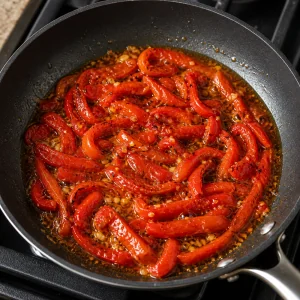 Glossy roasted peppers cooking in olive oil with garlic and paprika