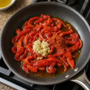 Roasted peppers, garlic, smoked paprika, and oil in a skillet