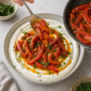 Warm roasted peppers spooned over swirled whipped feta with herbs