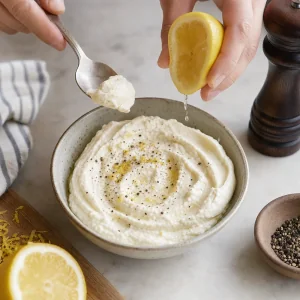 Whipped feta adjusted with lemon juice and black pepper