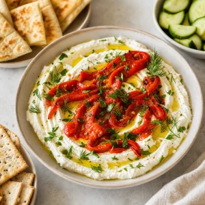 Whipped feta dip topped with roasted peppers, olive oil, and herbs