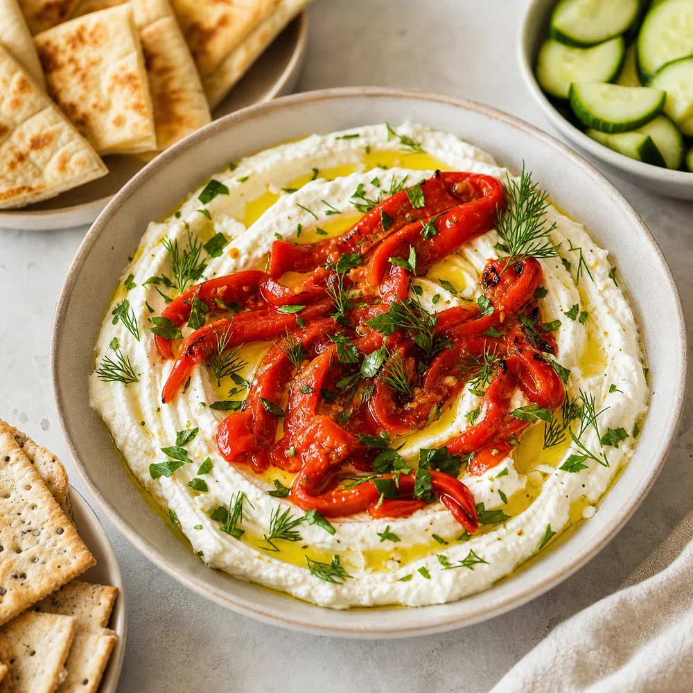 Whipped feta dip topped with roasted peppers, olive oil, and herbs