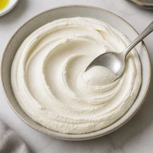 Whipped feta spread into smooth swirls in a shallow bowl