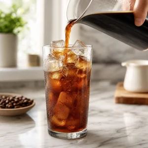Cold Brew Kaffee wird ueber Eis in ein hohes Glas gegossen