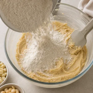 Dry ingredients added to wet cookie dough and mixed until just combined