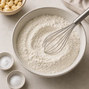Flour baking soda and salt whisked together in a bowl