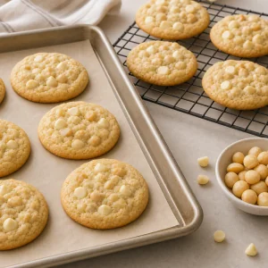 Fresh cookies cooling on a baking sheet and wire rack