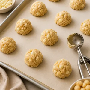 Rounded scoops of white chocolate macadamia cookie dough spaced on a baking sheet
