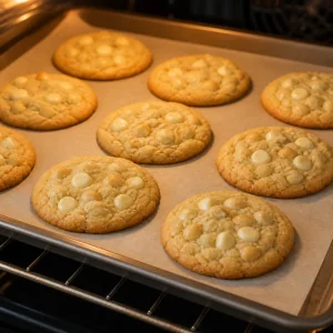 White chocolate macadamia cookies baked with golden edges and soft centers