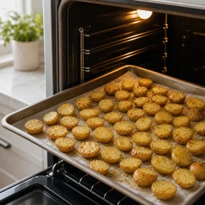 Baby gold potatoes spread in a single layer on a baking sheet roasting in the oven