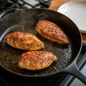 Seasoned chicken breasts searing in ghee until golden brown in a skillet