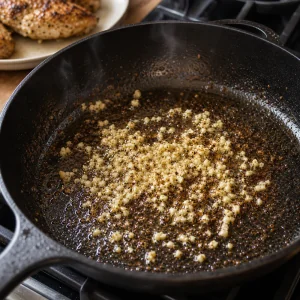 Minced garlic sizzling in ghee and browned pan drippings after searing chicken