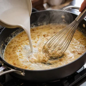 Chicken broth and coconut milk being whisked into a creamy garlic skillet sauce