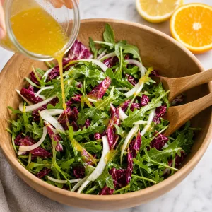 Golden citrus vinaigrette drizzled over arugula, radicchio, and fennel salad