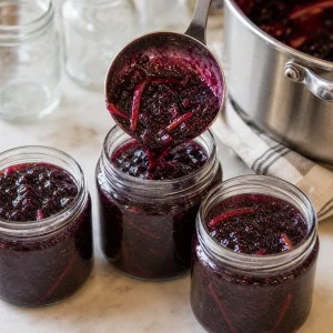 Blueberry orange marmalade being ladled into sterilized glass jars with headspace left at the top.