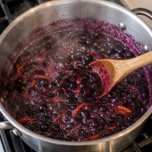 Blueberry orange marmalade bubbling in a pot with orange zest ribbons and a wooden spoon.