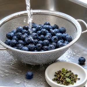 Fresh blueberries being rinsed in a colander while small stems and debris are removed.