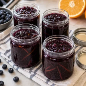 Plain glass jars of blueberry orange marmalade cooling on a kitchen towel before refrigeration.