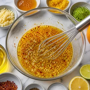 Citrus garlic marinade whisked with oil, honey, zest, and red pepper flakes.