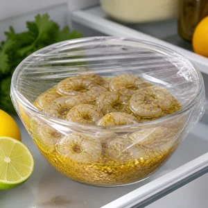 Covered bowl of marinated shrimp ready to chill briefly.