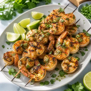 Finished citrus garlic shrimp skewers garnished with cilantro and lime wedges.