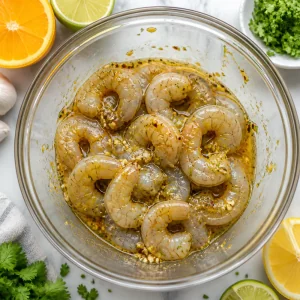 Raw shrimp tossed in glossy citrus garlic marinade.
