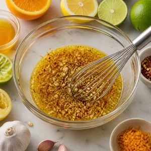 Citrus garlic marinade whisked with olive oil, juices, zest, honey, garlic, and spices.