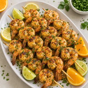 Finished shrimp skewers on a serving platter with fresh herbs and citrus wedges.