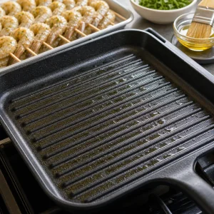 Oiled grill pan preheating over medium-high heat for shrimp skewers.