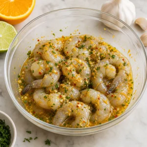 Raw shrimp coated in glossy citrus garlic marinade in a mixing bowl.