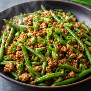 Saute de dinde et haricots verts termine garni d oignons verts eminces