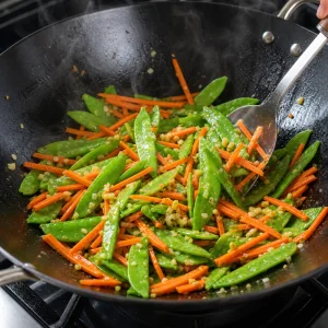 Carottes et pois mange-tout sautés avec gingembre et ail dans un wok.
