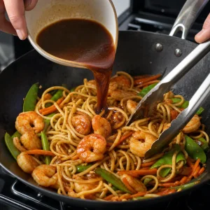 Sauce lo mein foncée versée sur les crevettes, les nouilles et les légumes dans le wok.