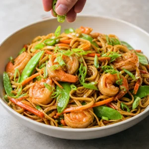Lo mein aux crevettes terminé garni d’oignons verts émincés.