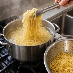 Nouilles lo mein soulevées de l’eau bouillante à côté d’une passoire.