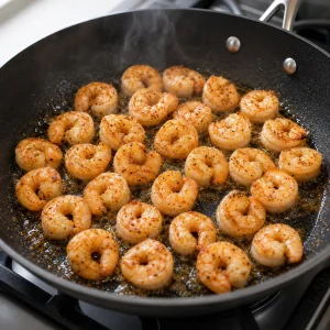 Crevettes saisies avec du gingembre haché dans un wok chaud.