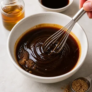 Sauce soja, sauce d’huître, huile de sésame et cassonade fouettées dans un bol.