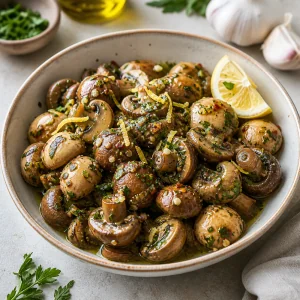 Finished zesty herb-marinated mushrooms with garlic and lemon in a bowl