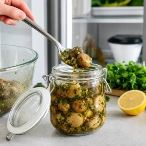 Herb-marinated mushrooms transferred into a clear glass jar for chilling