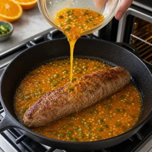 Glassa arancia e jalapeno versata attorno al filetto di maiale rosolato in padella