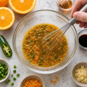 Glassa arancia e jalapeno sbattuta con miele salsa di soia aglio e scorza