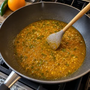 Salsa arancia e jalapeno che sobbolle in padella fino a diventare densa e lucida