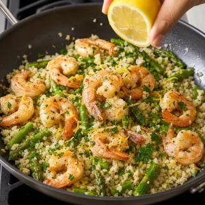 Cooked shrimp returned to the skillet with cauliflower rice, asparagus, lemon, and parsley.