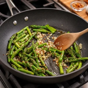 Minced garlic and red pepper flakes sizzling with asparagus in a skillet.