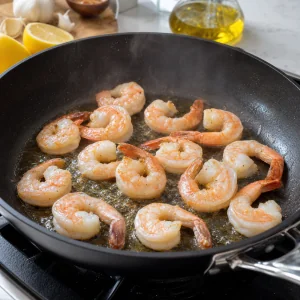 Shrimp cooking in a skillet with olive oil until pink and opaque.