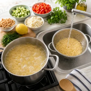 Орзо варится и промывается для салата с лимоном и зеленью.