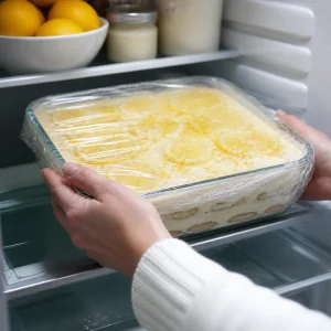 Assembled lemon tiramisu covered with plastic wrap and placed in the refrigerator