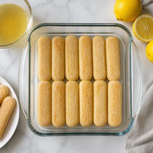 Dipped ladyfingers arranged in a single layer in a square glass baking dish