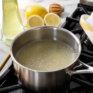 Lemon syrup simmering in a saucepan with sugar lemon juice and limoncello